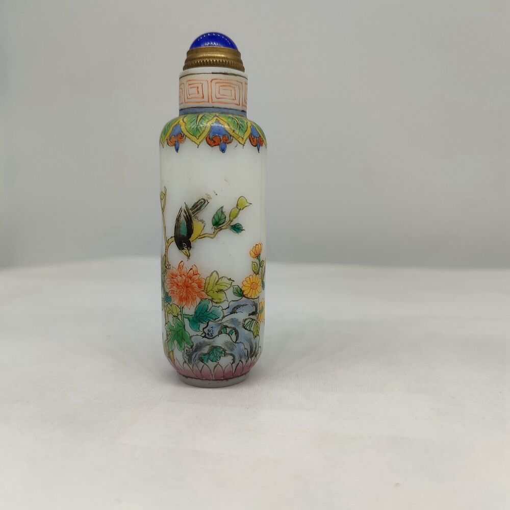 Old Bejing Peking Glass Snuff Bottle Hand Painted Flower Bird Colored Glaze rare