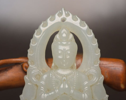 Chinese Top Natural Hetian Jade Carved Kwan Yin Statue Good Luck Pendant Jewelry