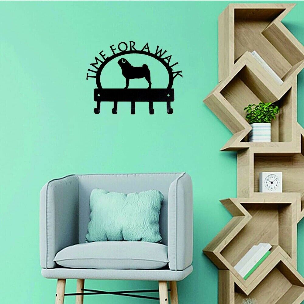 Pug Time for A Walk Key Rack Wall Mounted Hook Up Hanger Artwork Wall Stickers