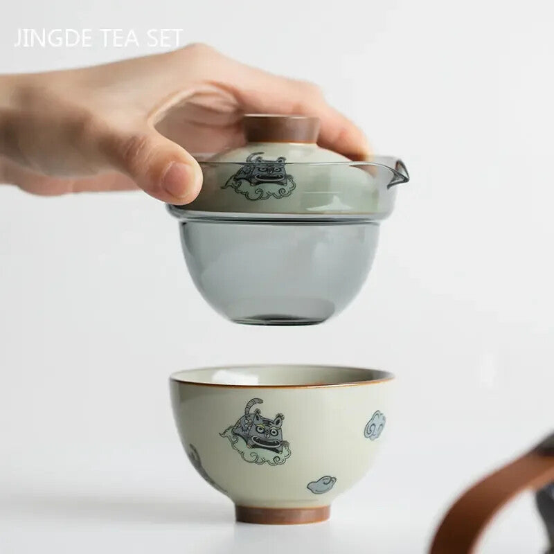 Portable Ceramic Tea Pot and Cup Set Chinese Handmade Travel Teaware Gaiwan