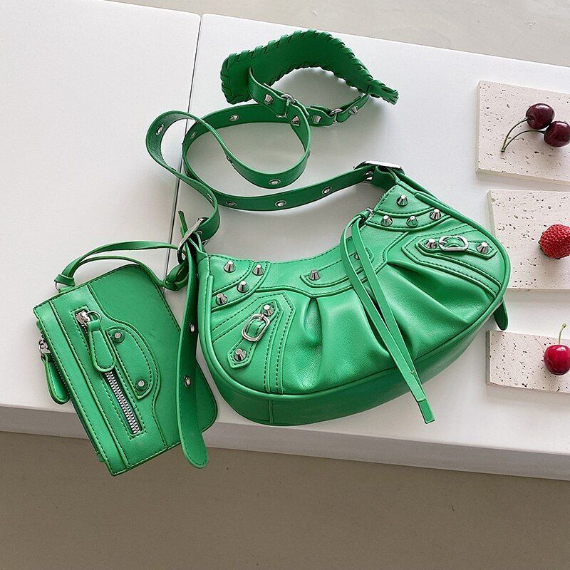 Half Moon Shape Leather Armpit Crossbody Bag Punk Style Vintage Handbag 2Pcs/set
