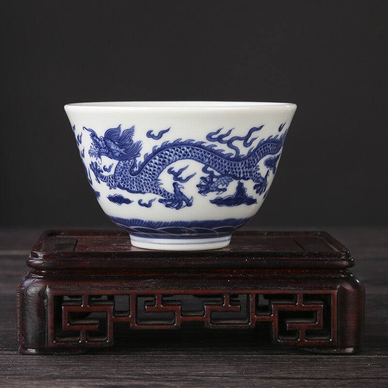 3.1" Chinese Blue-and-white Porcelain Auspicious Animal Dragon Phoenix Cup