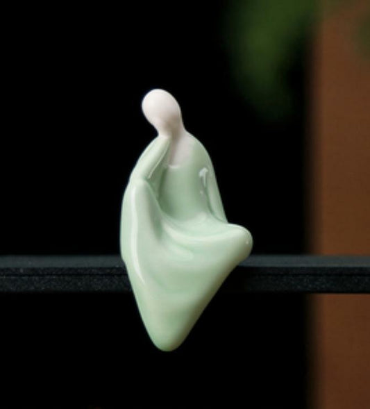 3.1" Chinese Celadon Porcelain Ceramics Think Deeply Buddha Figurine Statues
