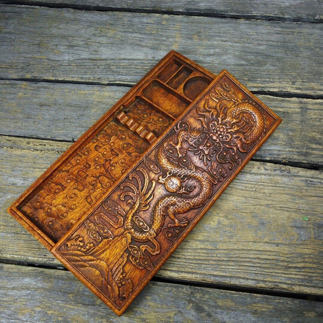 11.8"Antique Chinese Natural Rosewood Handmade Exquisite Dragon Stationery Boxes