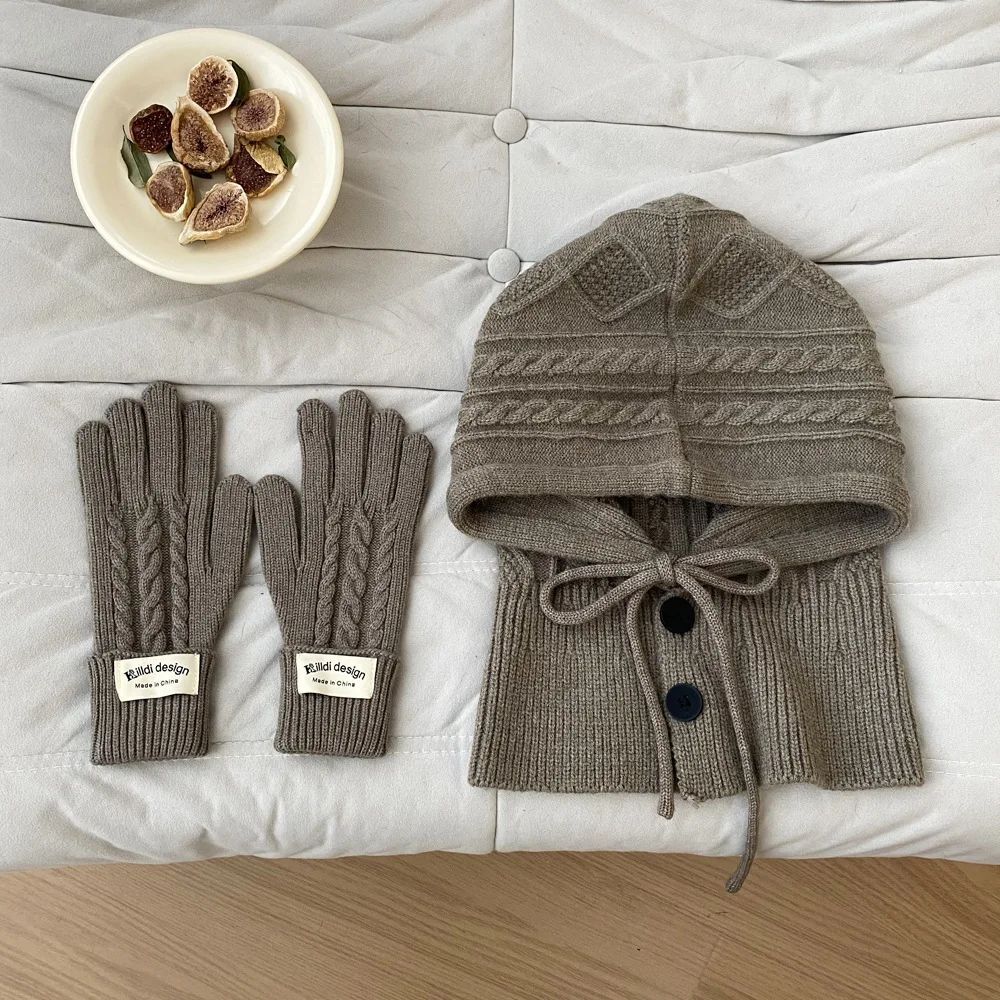 Women Winter Knitted Hat Gloves Set Warm Thicken Imitation Cashmere Scarf Shawls
