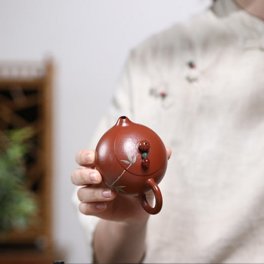 Yixing Zisha Teapot Original Zhuni Clay Xishi Pot Fully Handmade Bamboo Print