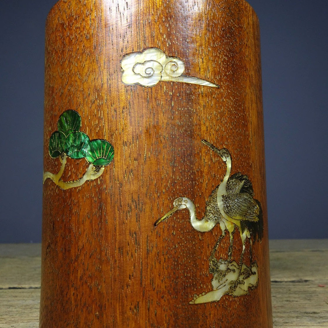 Vintage Rosewood Brush Pot, Inlaid Abalone Pine Crane, 15cm