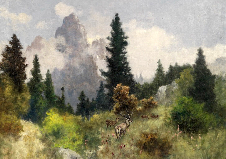 Great oil painting wild animals deer in the mountains in summer landscape canvas