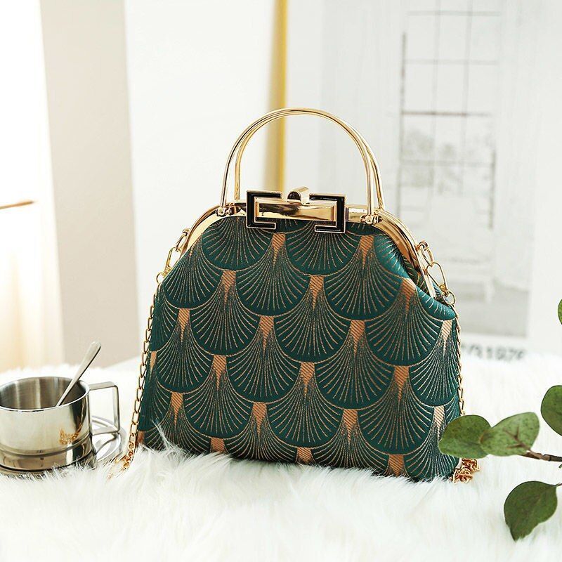 Vintage Green Fashion Bags Shell Lock Tote Handbags Purses 120 CM Chain Strap