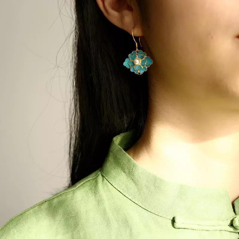 Cloisonne Imitation Diancui Gold Plated Chinese Style Female Long Eardrops