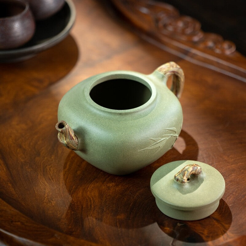 handmade tea pot marked 7 infuser real yixing zisha douqing clay bamboo relief