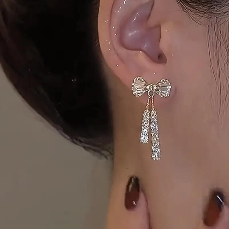 Women Bow Zircon Crystal Earrings Shinny Fashion Gift Trendy Sparkling Stylish