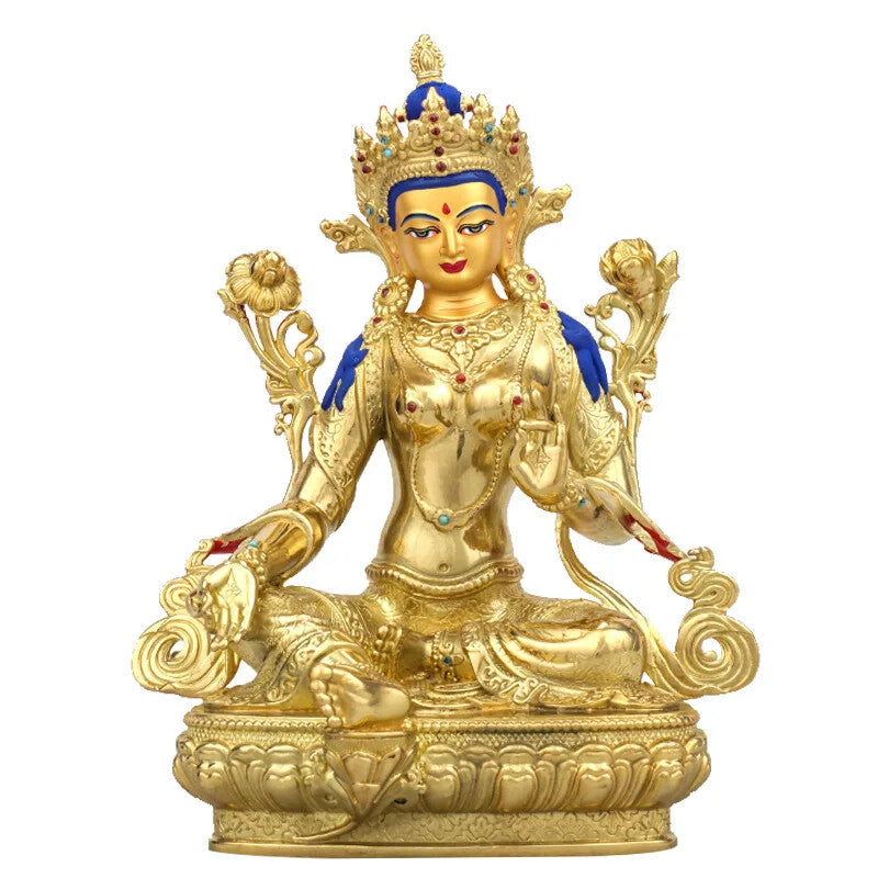 Brass Gilding Green Tara Buddha Statue Nepal Guanyin Goddess Statue Collectible