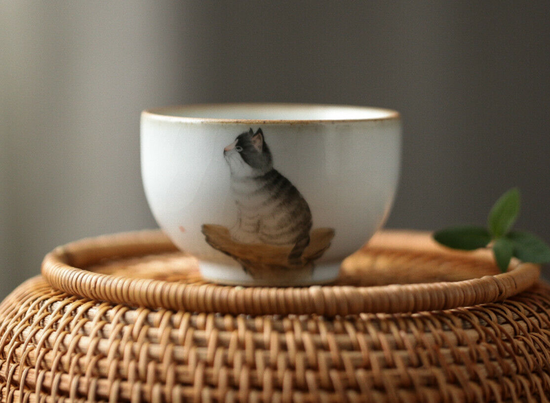 100cc Chinese Song Dynasty Antique Master Teacup Lu Yao Cat Ceramic Cup-