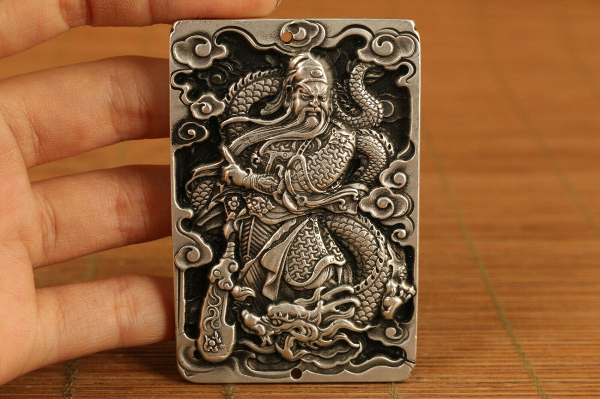 Old Chinese tibet silver handcarved guan gong dragon pendant