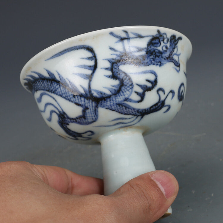 3.7" Chinese Yuan Blue-and-white Porcelain Luck Animal Dragon High Foot Cup