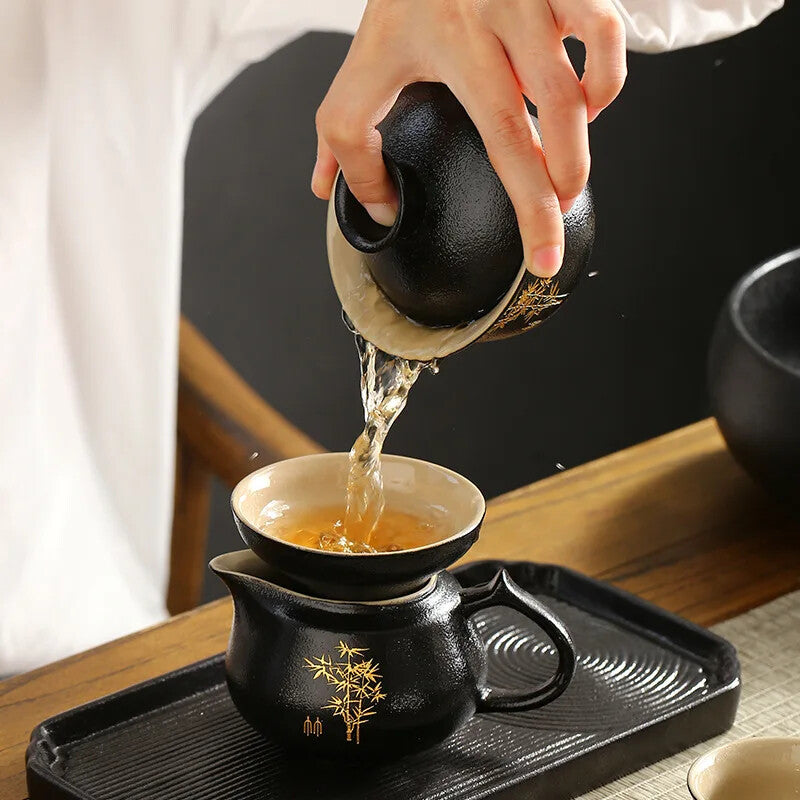 Chinese Black Pottery Ceramic Tea Tureen Retro Tea Maker Zen Cover Bowl Teacup