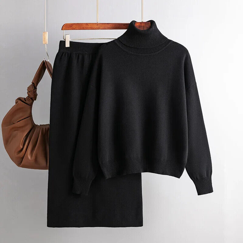 Women Turtleneck Skirt Suit Sweater Long Skirt 2 Piece Set Women Outifits Winter
