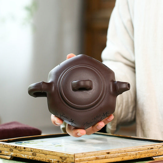 6" Chinese Yixing Zisha Pottery Clay 300ML Four Seasons Flowering Straw Teapot
