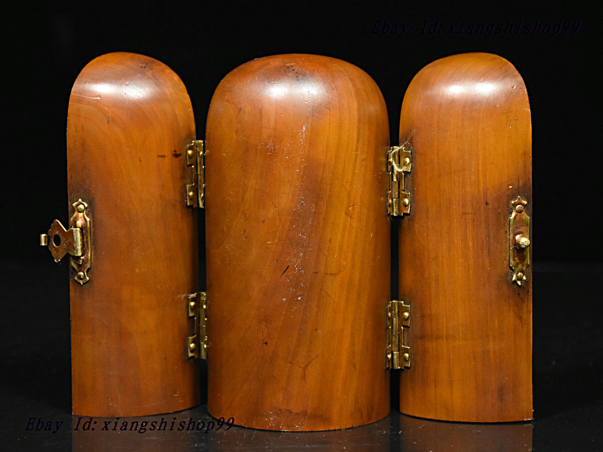 Chinese Boxwood Wood GuanYin Manjushri Samantabhadra 3 goddess buddha statue box