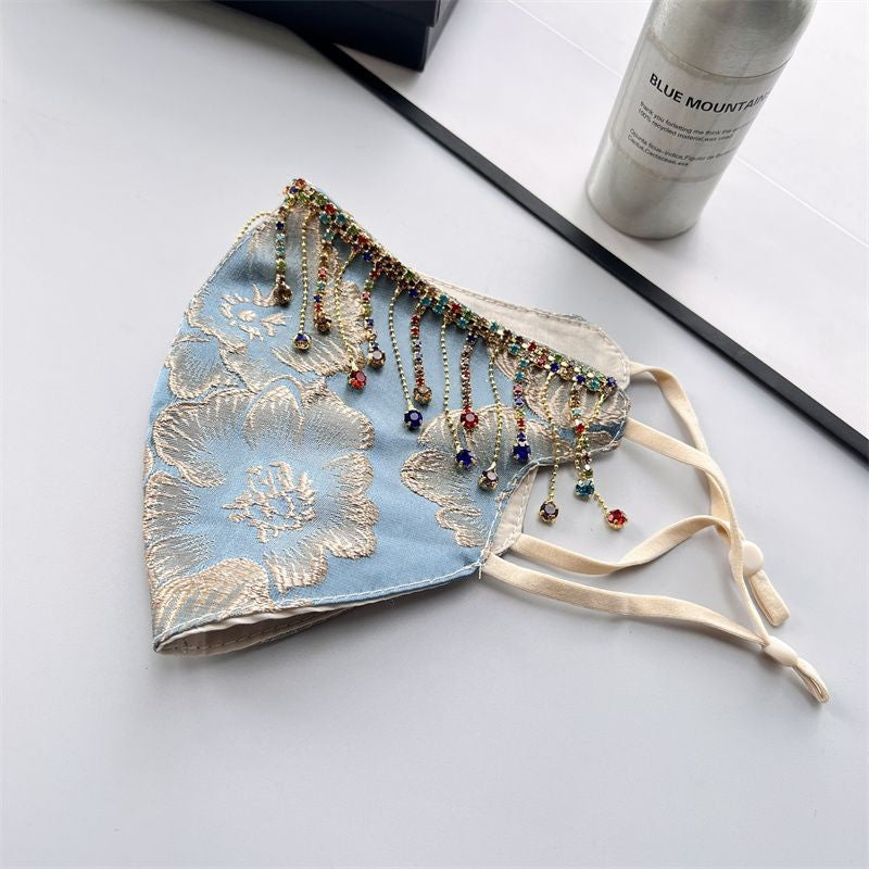 Vintage Ethnic Handmade Rhinestone Tassel Mask Jacquard Breathable Face Cover