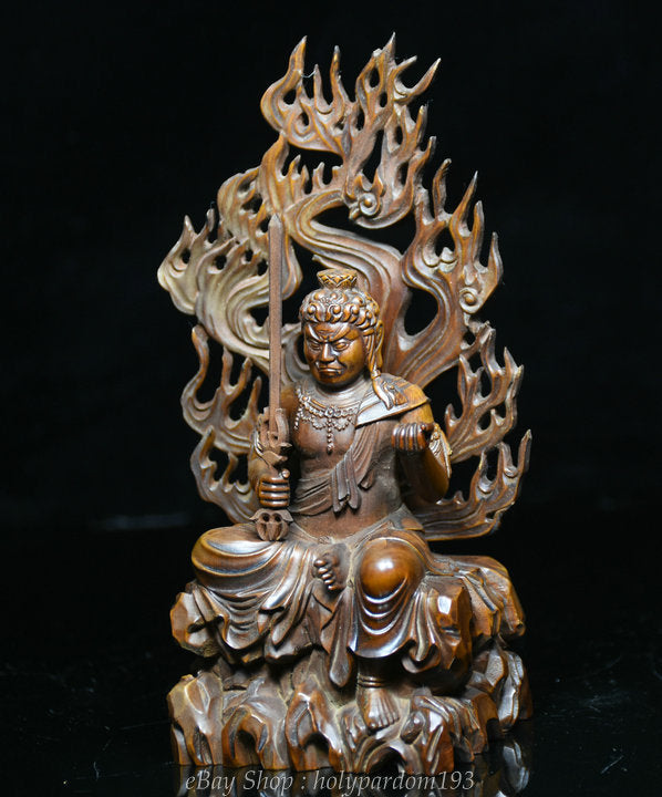 7" Old China Boxwood Wood Carving Japanese Fudo Myo-o Acalanatha Sword Statue