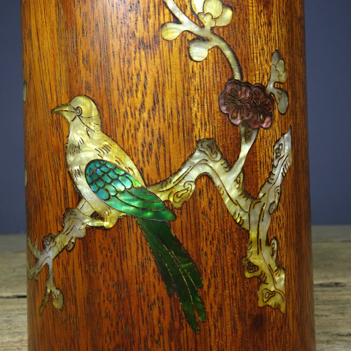 Vintage Rosewood Brush Pot, Inlaid Abalone Magpie Plum, 15cm
