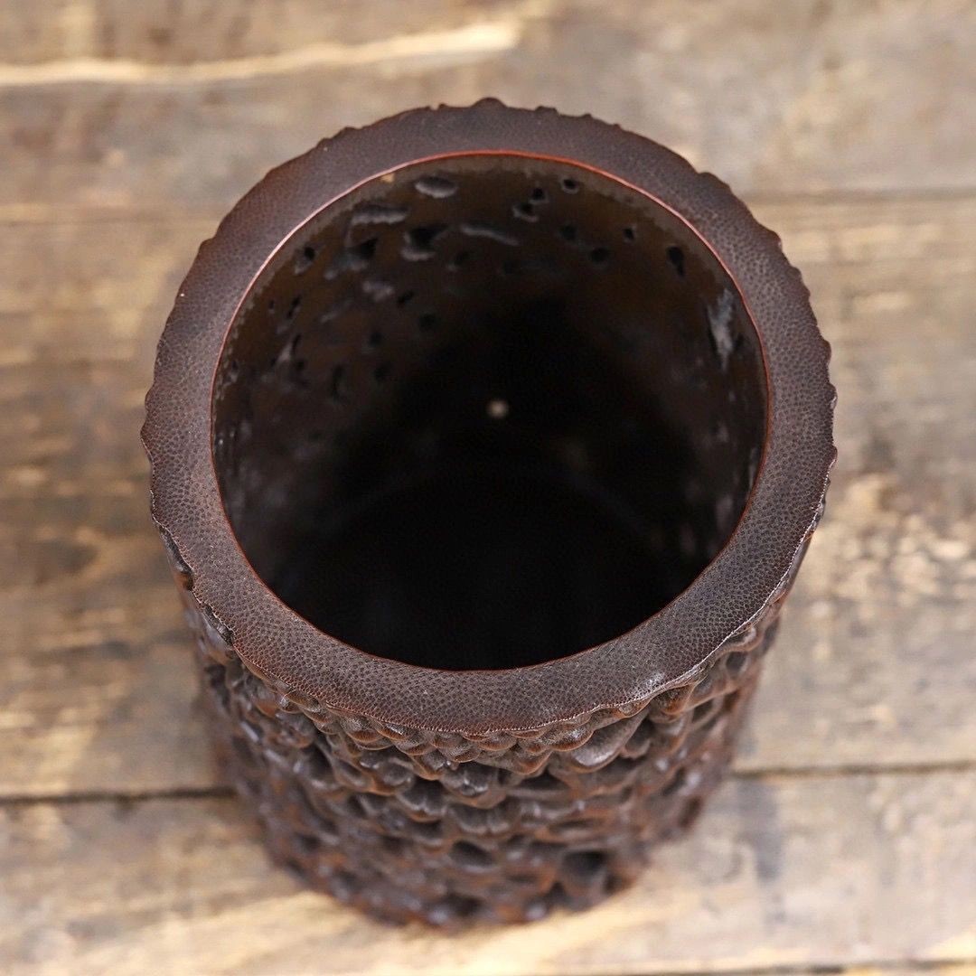 Vintage Hand-Carved Bamboo Openwork Brush Pot, 12x16cm