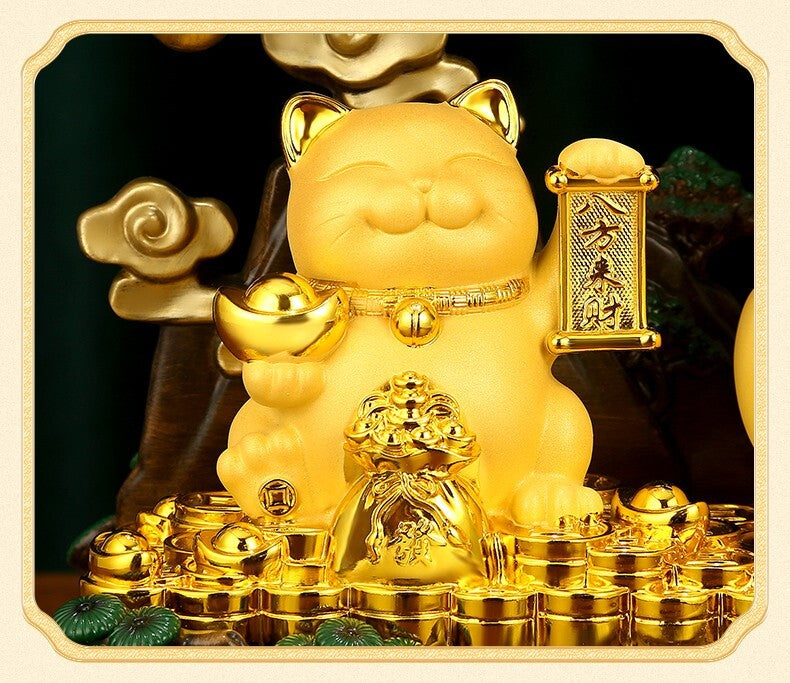 Yellow Crystal Stone Money Tree Bonsai Fortune Cat Statue Wealth Feng Shui Decor