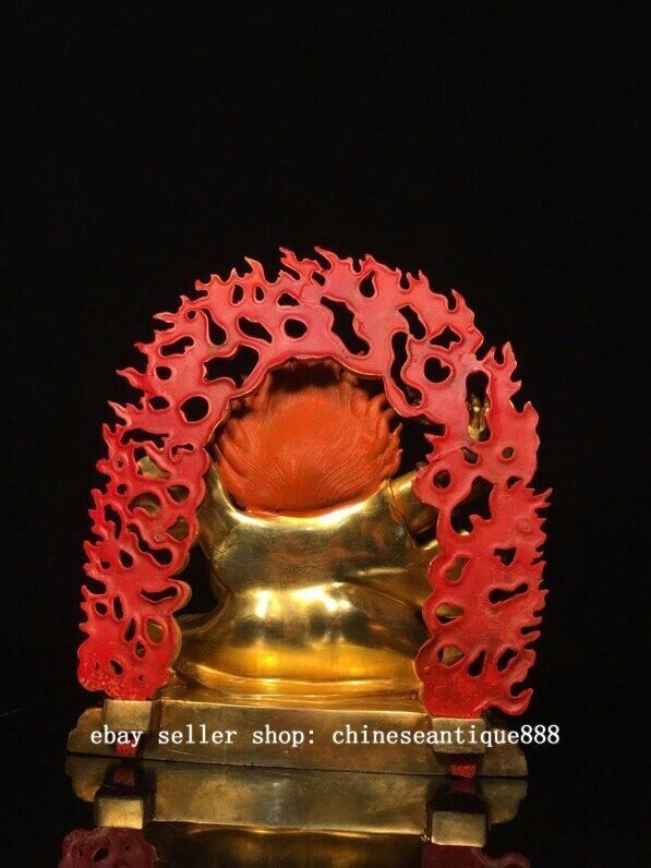 9''Old Nepal Buddhism Copper Gilt Painting Mahakala Wrathful Deity Buddha Statue