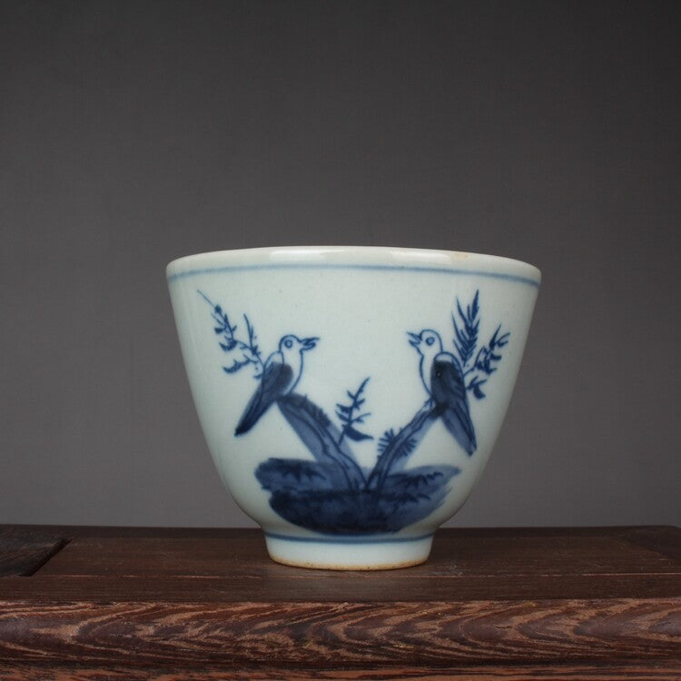2.9" Chinese Jing De Zhen Blue and White Porcelain Flower Magpie Bird Teacup Cup