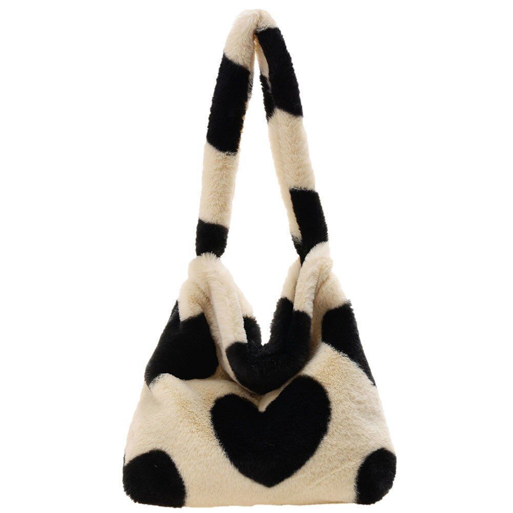 Heart Leopard Print Bag Soft Plush Shoulder Bag Large Travelling Purse 30*25*6CM
