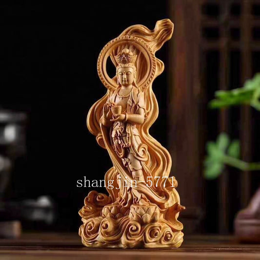 Chinese Cypress Wood Hand-carved Avalokiteshvara Buddhism Kwan-yin Lotus Statue