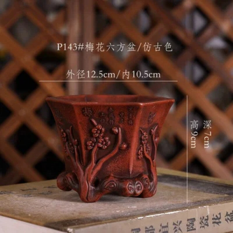 Purple Sand Plum Blossom Flower Pattern Bonsai Pot Tradition China Carved