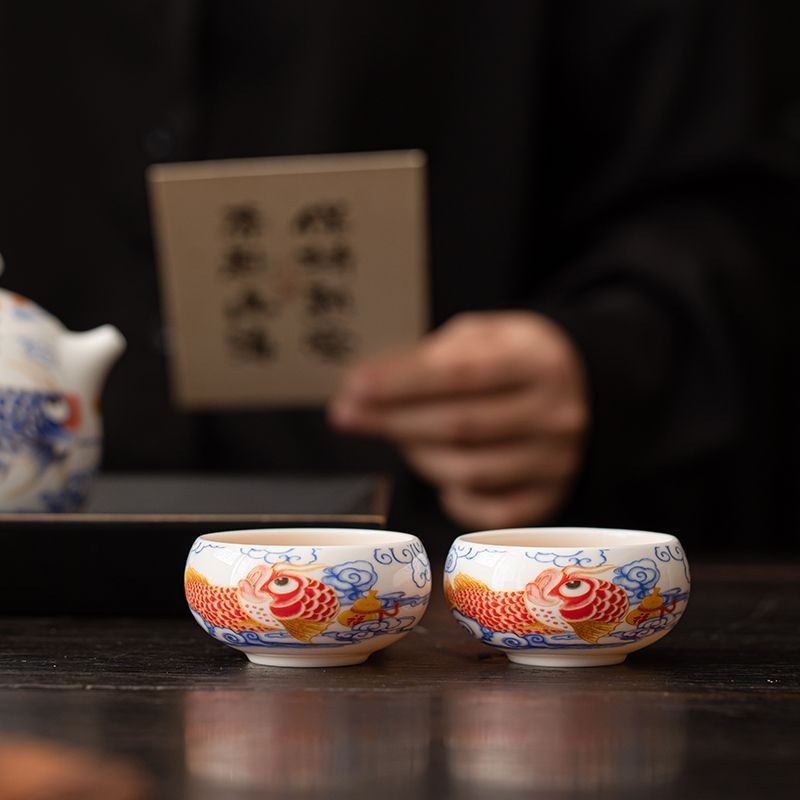 Handmade White Jade Porcelain Koi Fish Teacup 80ml Chinese Gongfu Cup
