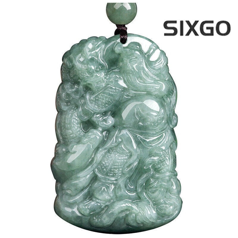 Fine Grade A Natural Green Jade Jadeite Engraved Nine Dragon Oblong Pendant