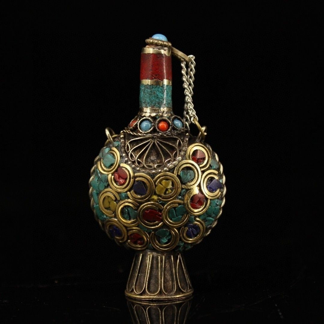 Vintage Nepal Handmade Copper Snuff Bottle Gemstone Inlaid Chinese Collectible