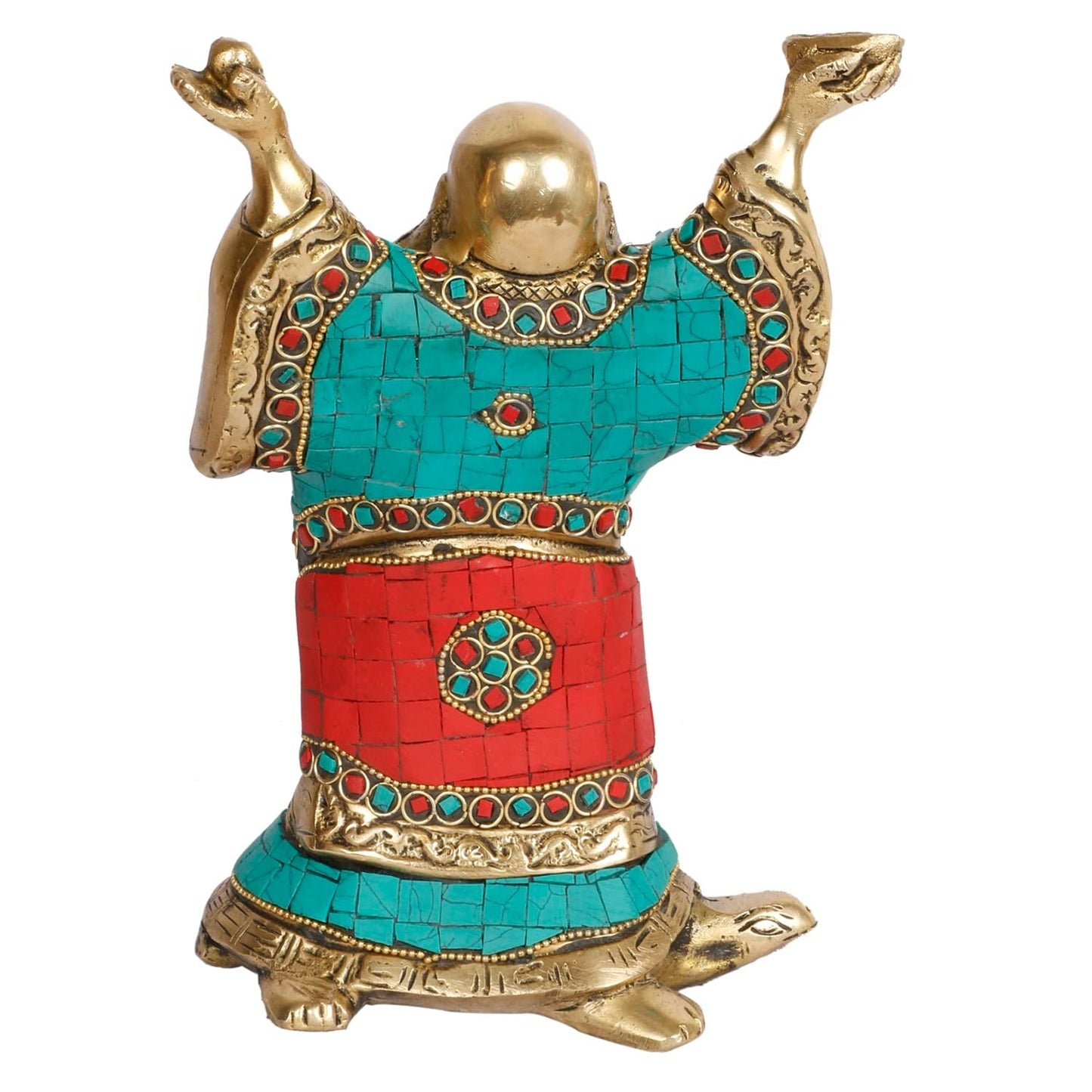 Feng Shui Laughing Buddha Standing on Tortoise Brass Statue Idol Home Decor
