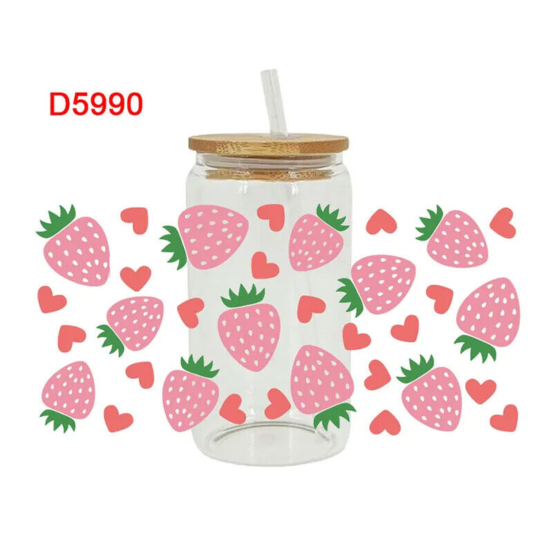 Transfers Stickers 16oz Cup Wraps 3D UV DTF Strawberry Printed DIY Decal 23x11cm
