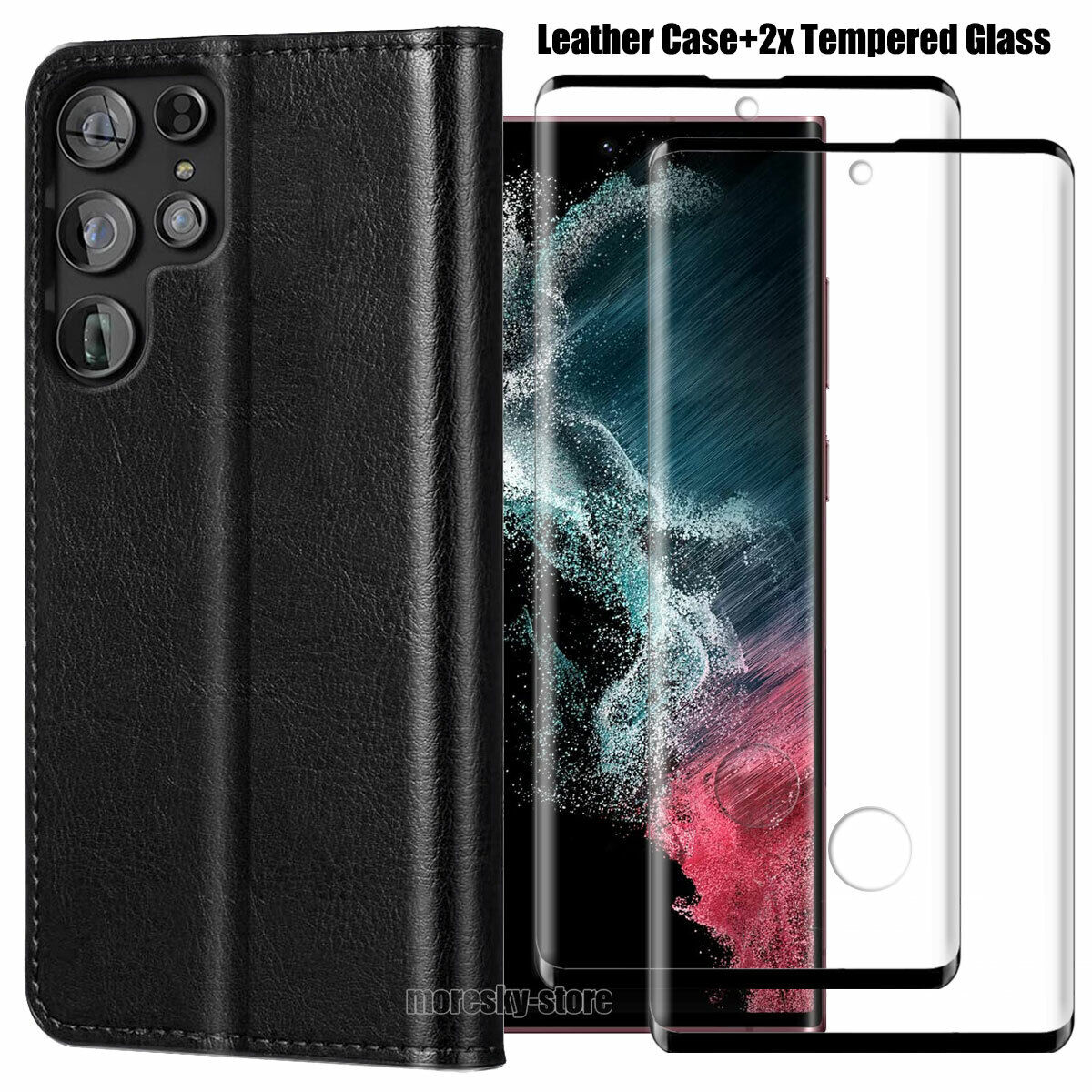 For Samsung Galaxy S22/Ultra/+ 5G Case, Shockproof Leather Cover +Tempered Glass