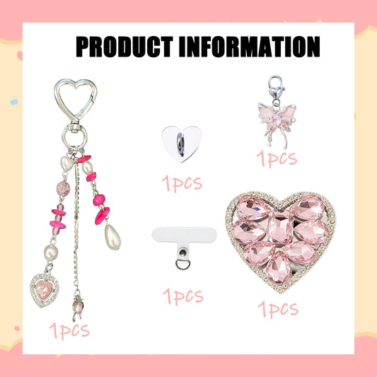Cute Charms Set for Kindle,Including Y2K Style Heart Grip Holder, Pink Heart Cha