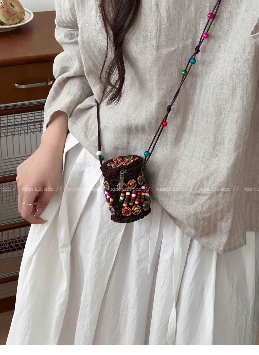 Bohemian Colorful Floral Woven Coconut Shell Mini Crossbody Bag