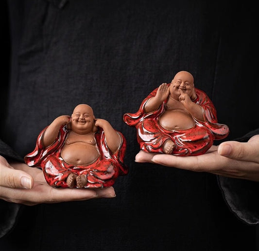 3 Pcs Chinese Zi Sha Clay Laughing Maitreya Buddha Statue Zen Decor