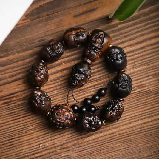 Natural Grade A Wood Carving China Eighteen Arhats Buddha Blessing Bracelet