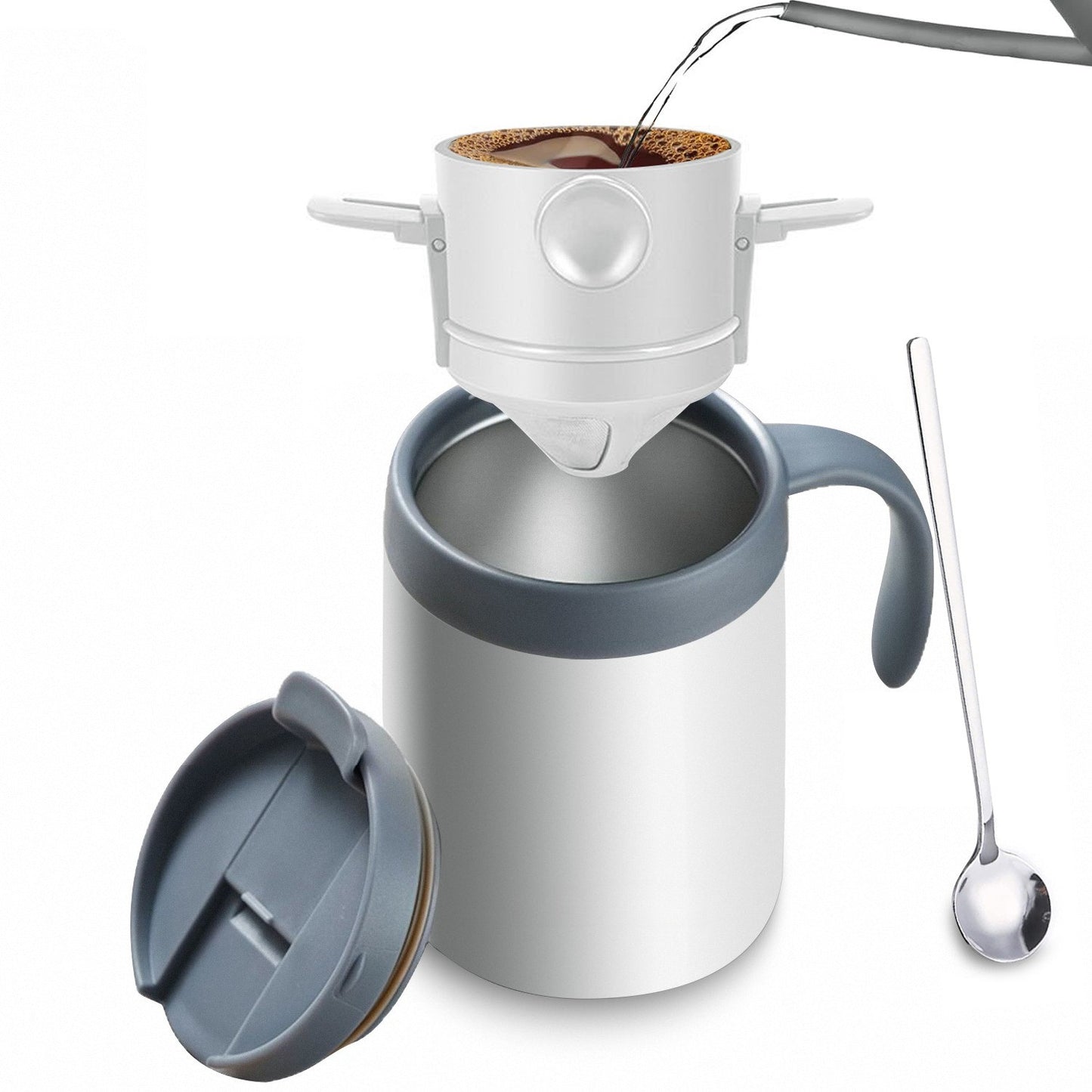 Portable Insulated Coffee Mug with Drip Filter - Stainless Steel Hand Brew Kit