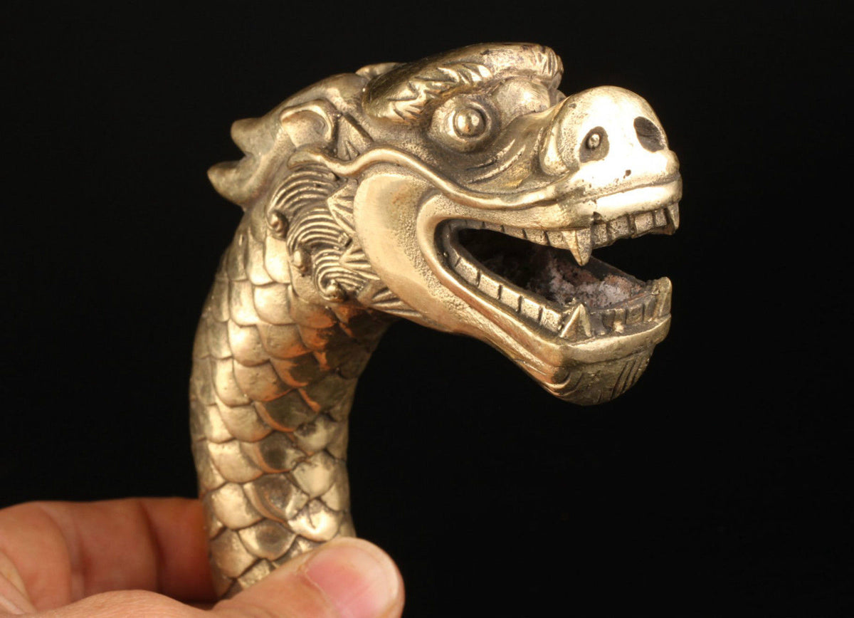 CHINESE OLD COPPER HAND CARVED FEROCITY DRAGON STATUE WALKING STICK HEAD