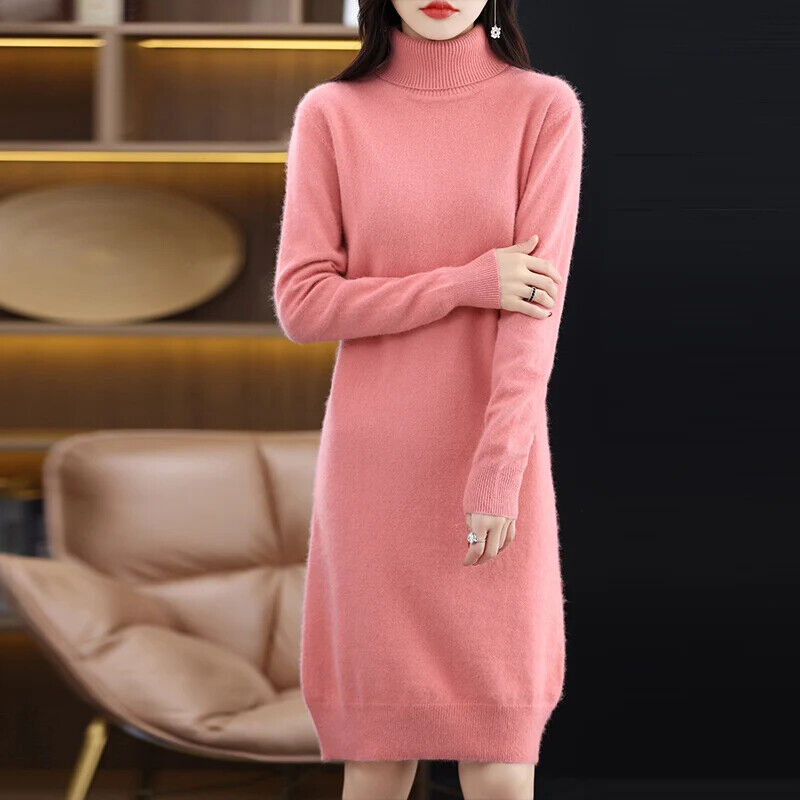 Women's High Back Collar Long Sweater Casual Long Sleeve Dress
