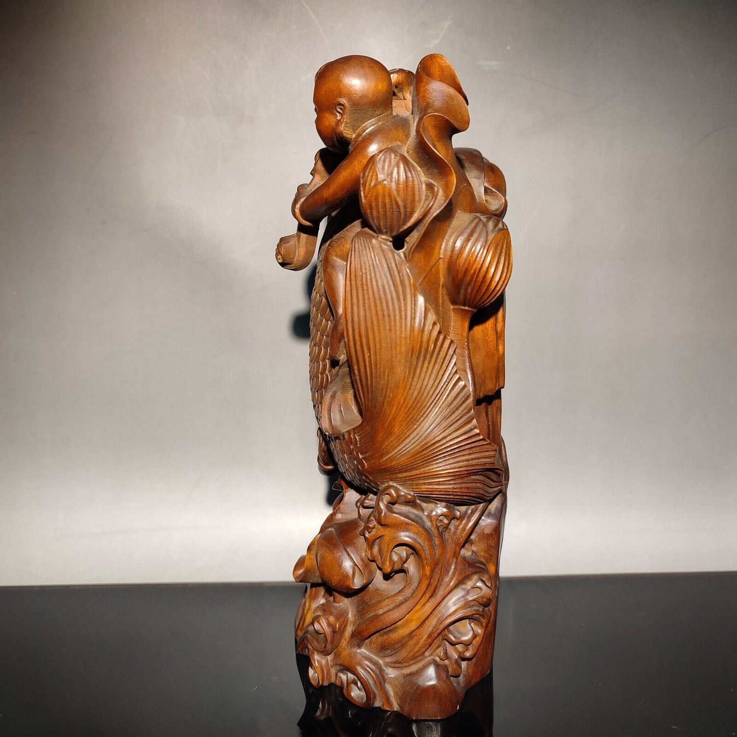 7" happy children big fish lotus flower statue figures home decor carving carved