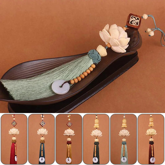 Chinese Style Lucky Fu Wooden Carved Lotus Buddha Statue Pendant Creative Home
