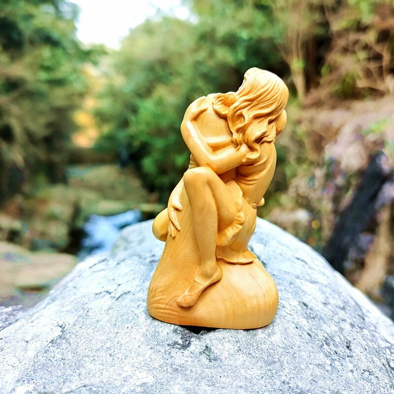 Boxwood Carved Penis Girl Statue Beauty Figurine Art Gift Decor